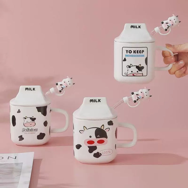 Milk Carton 3D Shaped Ceramic Mug with Lid and Straw