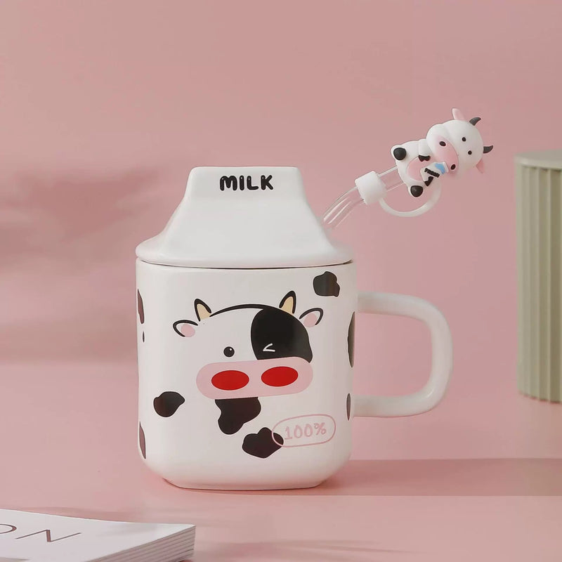 Milk Carton 3D Shaped Ceramic Mug with Lid and Straw