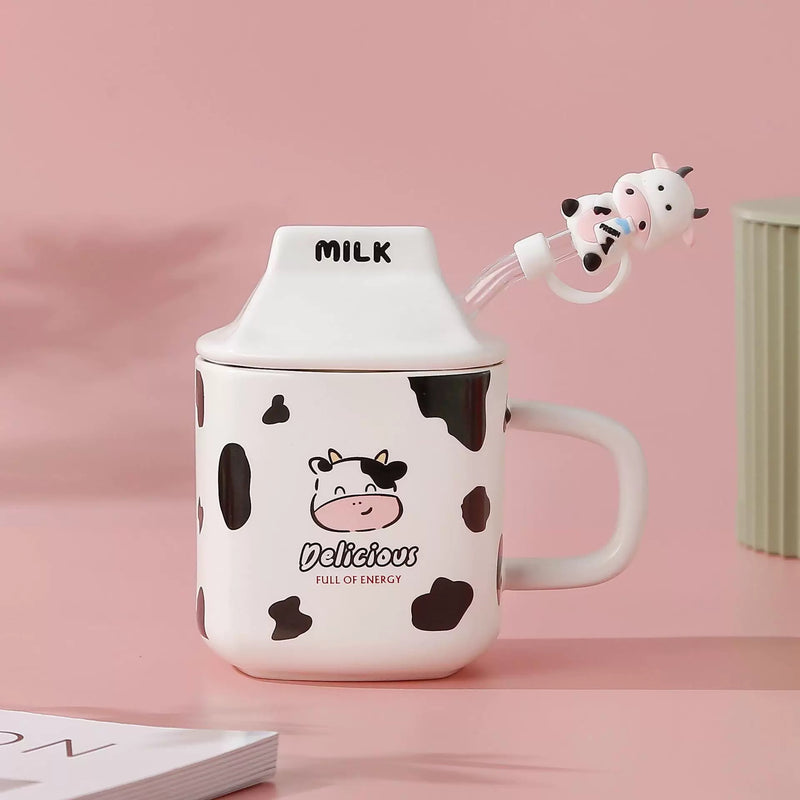 Milk Carton 3D Shaped Ceramic Mug with Lid and Straw