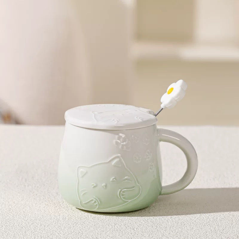 Sakura Cat Ceramic Mug with Spoon