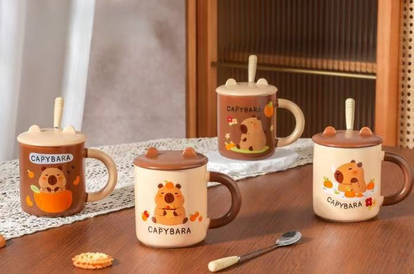 Capybara Ceramic Mug with Lid and Spoon