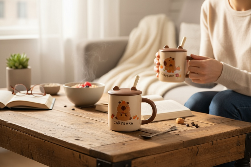 Capybara Ceramic Mug with Lid and Spoon
