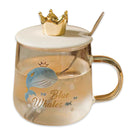 Blue Whales Glass Cup with Lid and Spoon