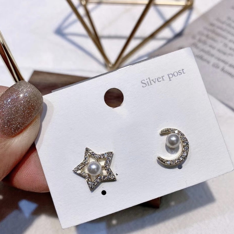 Star & Moon Pearl Stud Earrings