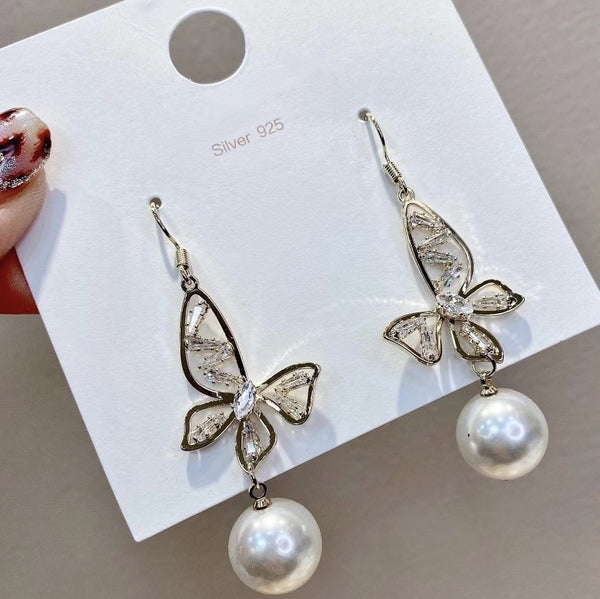 Butterfly & Pearl Drop Earrings