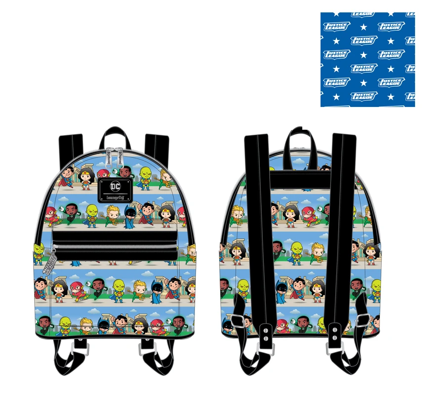 dc characters chibi mini backpack Loungefly Comics Superheroes Lineup Womens Double Strap Shoulder Bag Purse Its a Bird Thinkgeek backpack justice league -