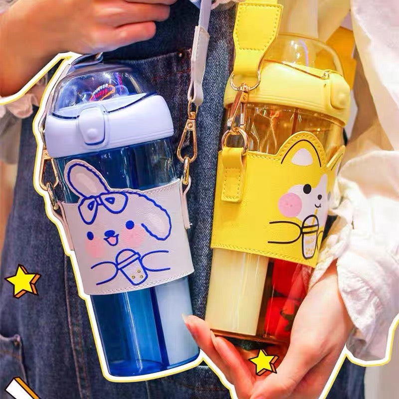 Kawaii Animal Dual Compartment Drink Bottle with Strap