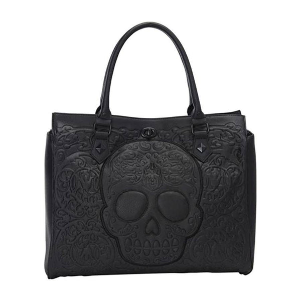 Loungefly - Black on Black Lattice Skull Tote Bag [RS]